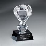Optic Crystal Hands Holding Globe Award on Black Glass Base