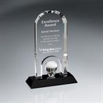 Optic Crystal Arch Over Globe Award on Black Glass Base