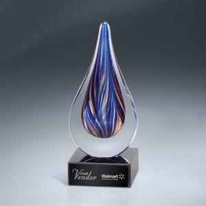 Blue and Gold Art Glass Drop Award on Black Glass Base