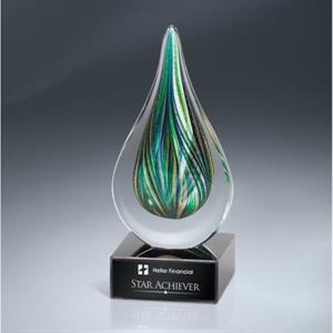 Green and Gold Art Glass Drop Award on Black Glass Ba