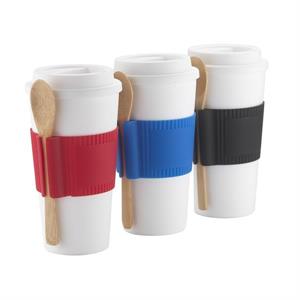 Ceramic Cup with Silicone Lid, Band, &amp; Bamboo Spoon